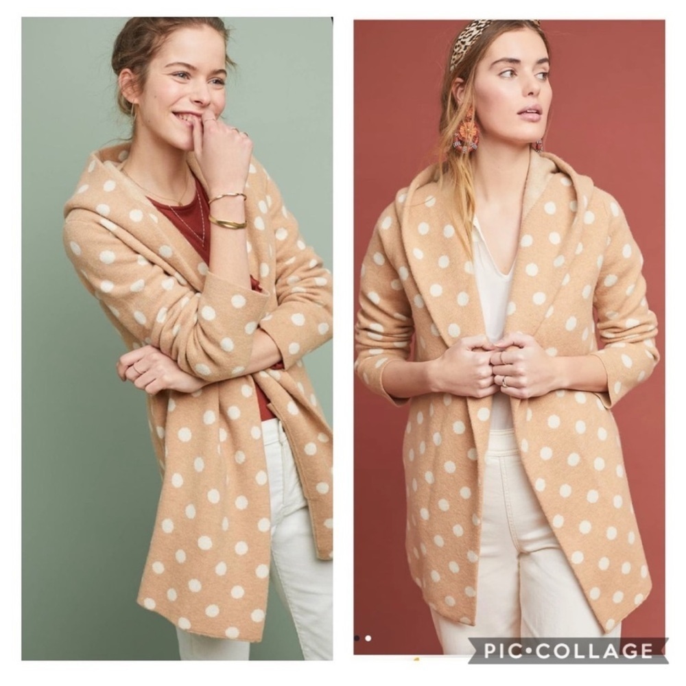 NWT Anthropologie Field Flower Wool Open Sweater Coat Jacket‎ Polka Dot Tan L